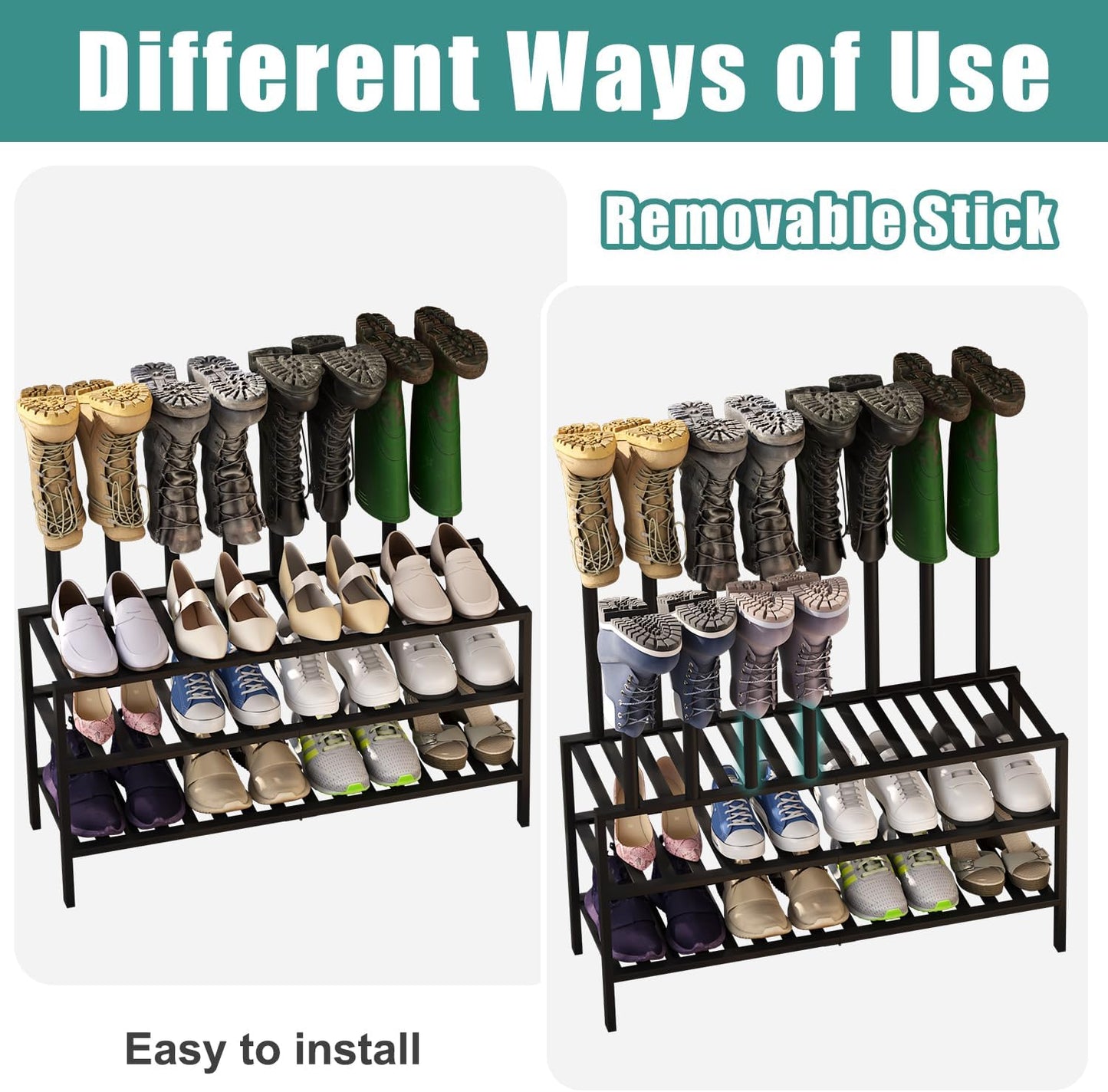 Black Boot Rack, Long Boot Rack Organizer Tall Boots with Shoe Rack for Closet, Bamboo Wood Shoe Shelf Storage Organizer for Entryway Small Space