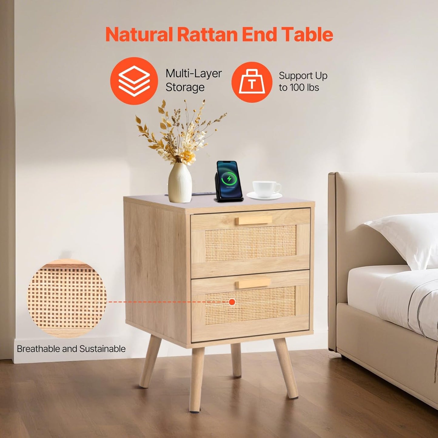 VEVOR Rattan Nightstand, Boho Bedside Table with 2 Drawers, End Table Nightstand with Solid Wood Legs, Rattan Bedside Table with Charging Station, for Bedroom