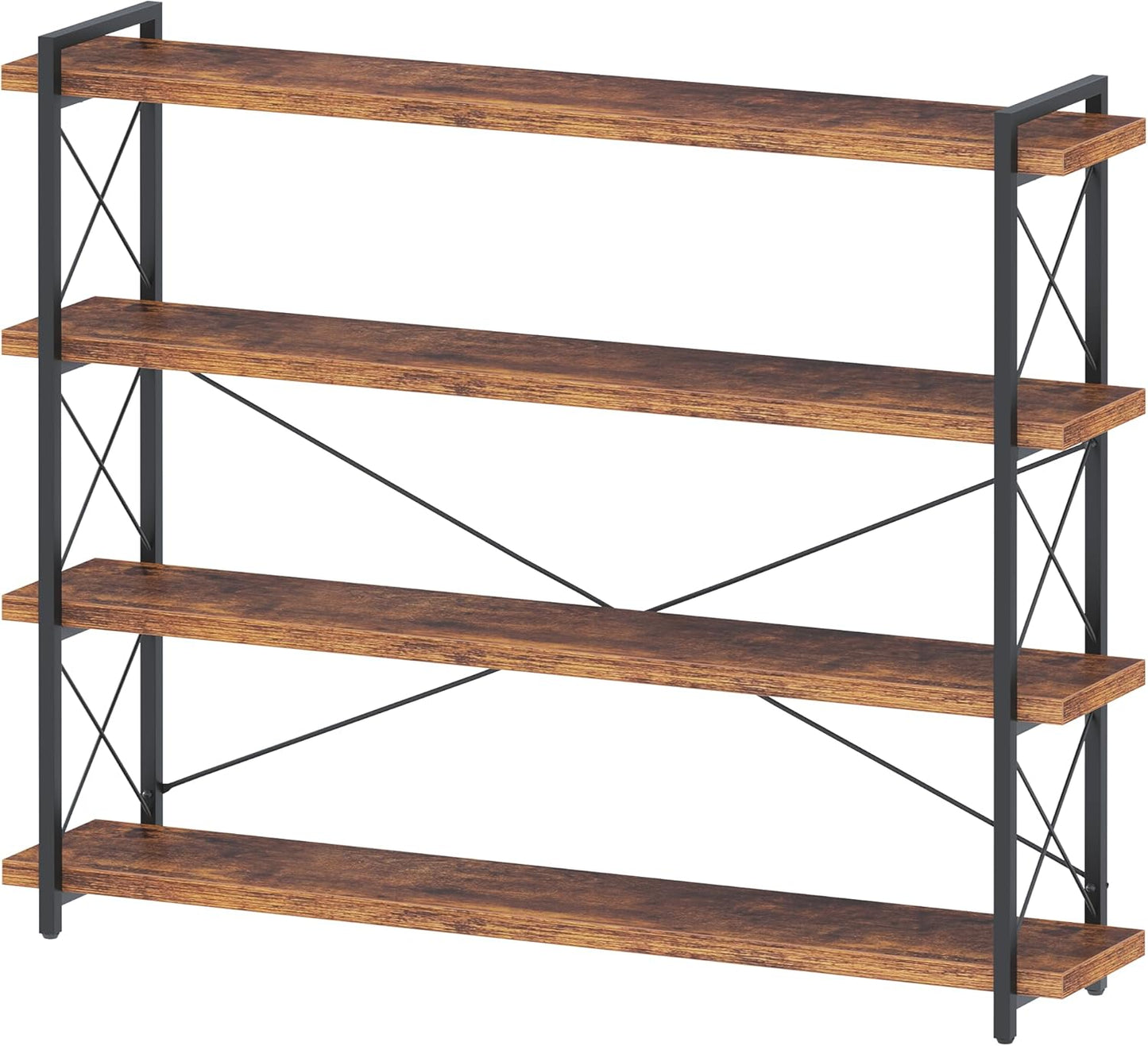 HCHQHS Large Bookshelf, 4-Tier Long Industrial Bookcase, Rustic Brown Book Shelf, Freestanding Horizontal Bookshelves with Metal Frame