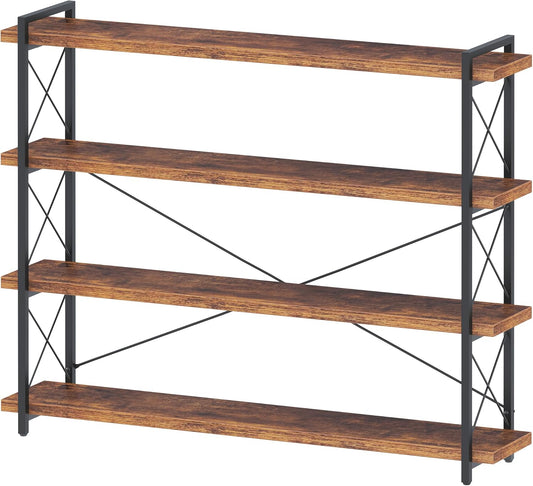 HCHQHS Large Bookshelf, 4-Tier Long Industrial Bookcase, Rustic Brown Book Shelf, Freestanding Horizontal Bookshelves with Metal Frame