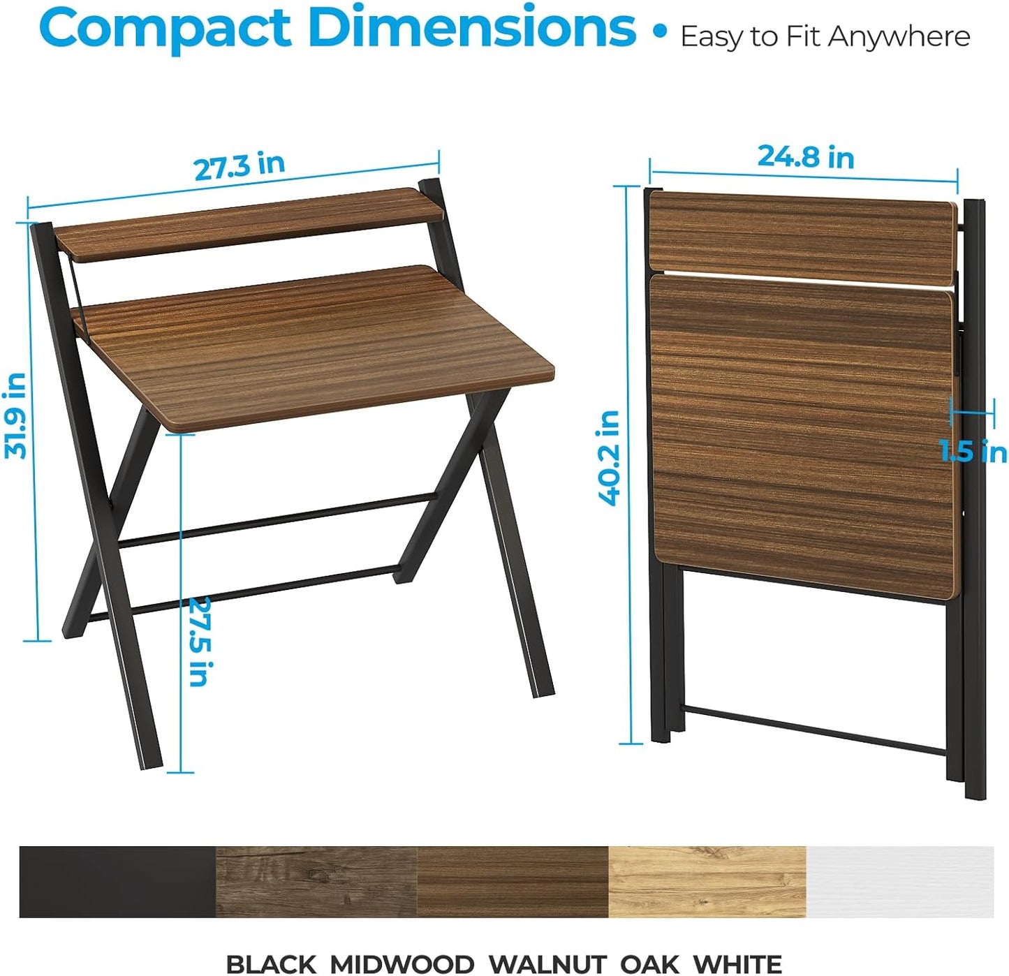 GreenForest No Assembly Folding Desk, 2-Tier Compact Computer Desk with Shelf, Space Saving Foldable Table for Home Office, Dorm or Apartment, Portable Collapsible Sturdy Laptop Desk, Espresso