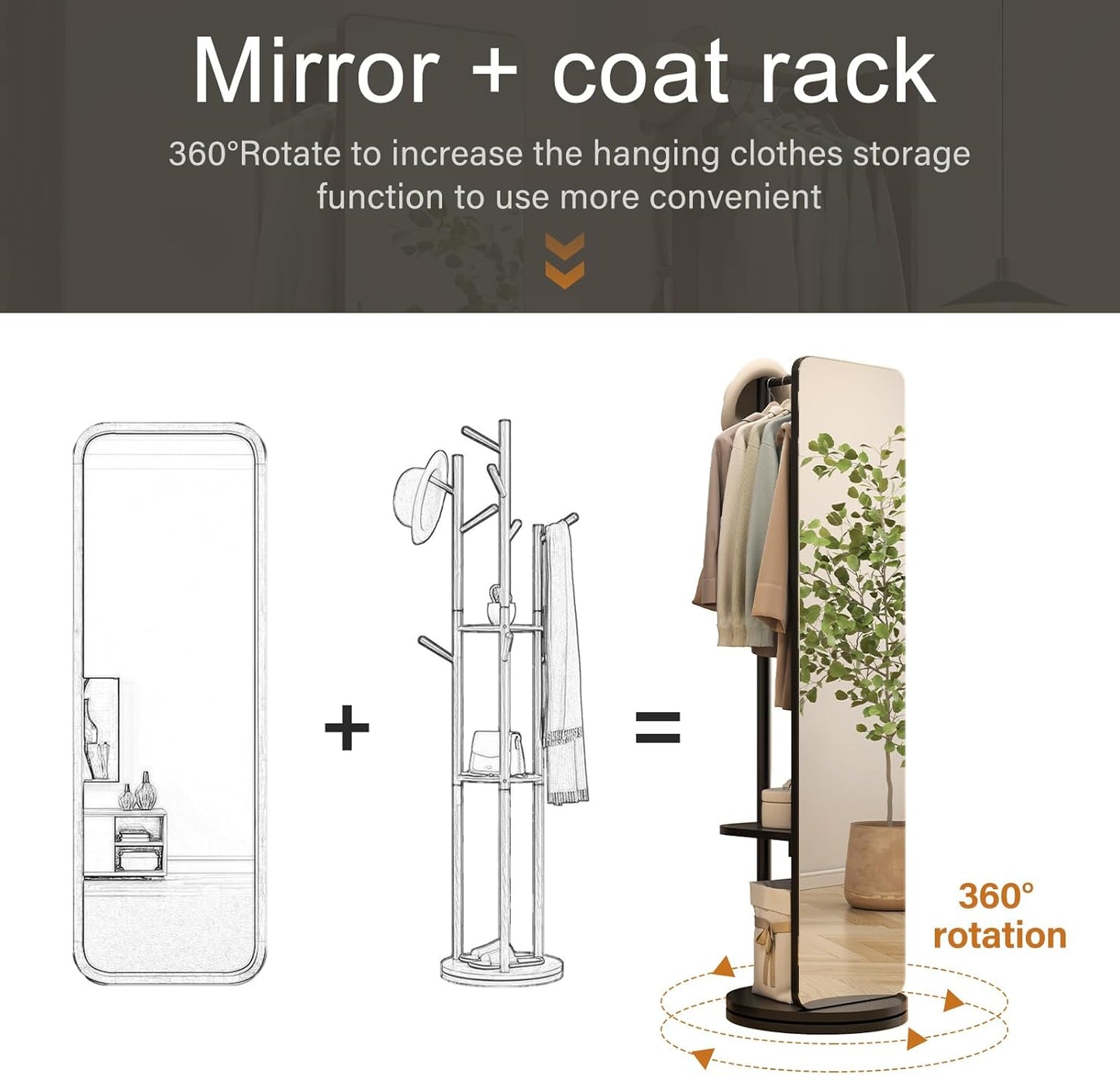 70"x16"Full Length Mirror with Stand,Coat Rack with Mirror,Solid Wood Floor Mirror,Swivel Mirrorfor Bedroom, Living Room, Cloakroom