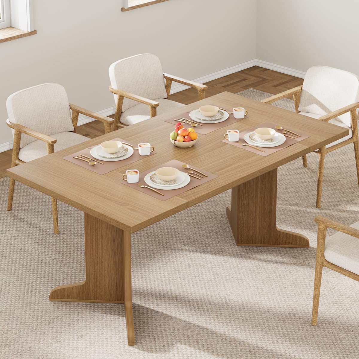 71" Large Dining Table for 6, Farmhouse Kitchen Table with Padded Top and Unique V-Shaped Feet, Rectangular Wooden Dining Table for 8 People for Home, Dining Room, Kitchen, Office,Natural