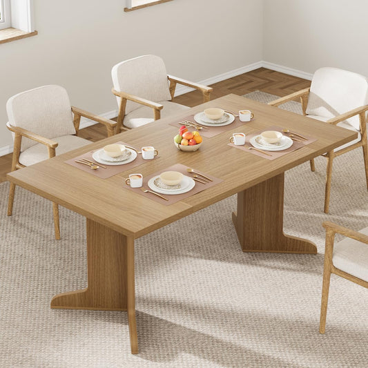 71" Large Dining Table for 6, Farmhouse Kitchen Table with Padded Top and Unique V-Shaped Feet, Rectangular Wooden Dining Table for 8 People for Home, Dining Room, Kitchen, Office,Natural
