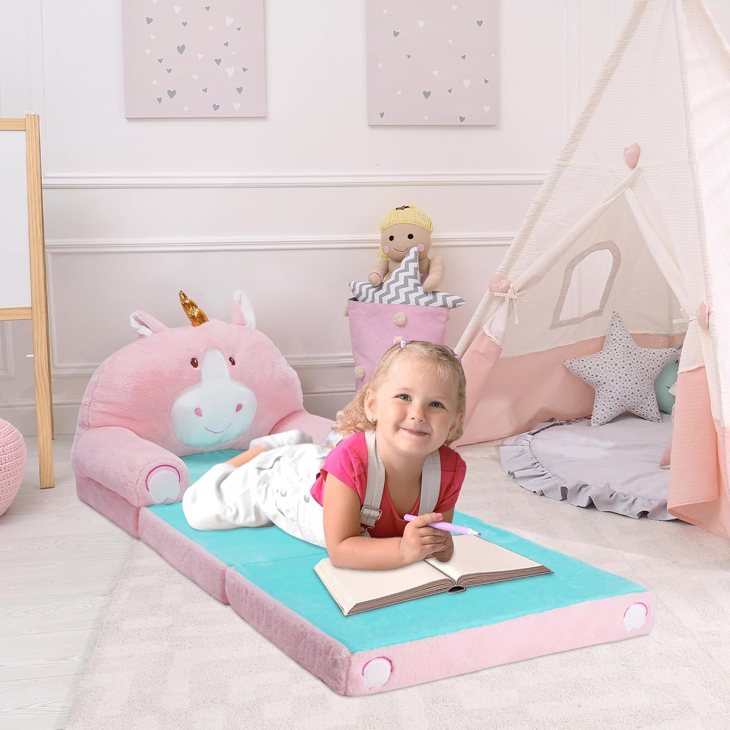 Foldable Kids Couch Toddler Backrest Armchair 2 In 1 Flip Open Sofa Bed for Chidren, Cartoon Comfy Soft Kids Chair, Steady Lightweight Toddlers Sofa Bed for Bedroom Livingroom Playroom Unicorn