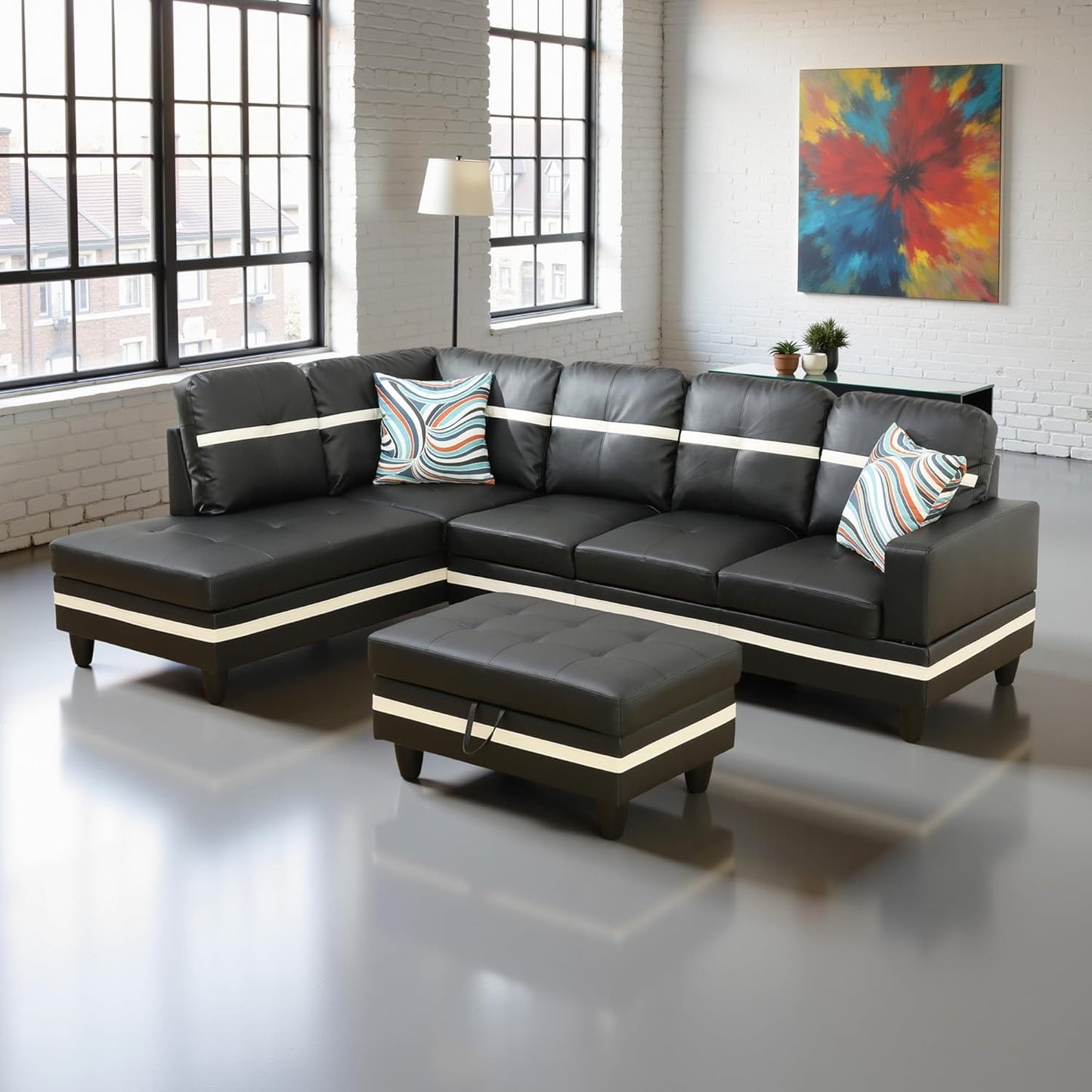 L Shaped Couch PU Leather Sectional Couch Upholstered 3 Pieces Sofas for Living Room with Chaise, Storage Ottoman for Office and Small Apartment, Black