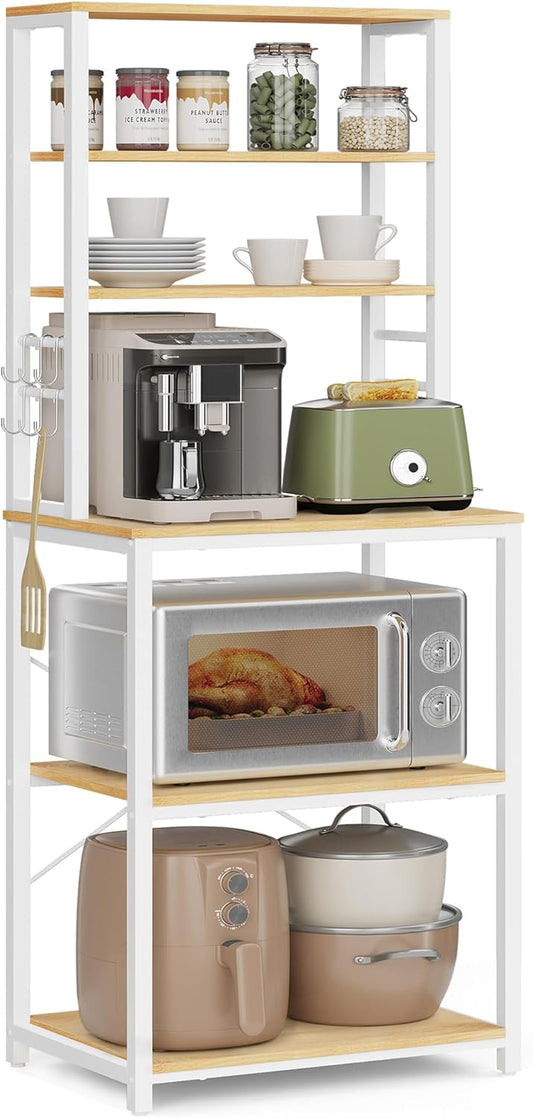 VASAGLE Coffee Bar, Baker’s Rack for Kitchen with Storage, 6-Tier Kitchen Shelves with 6 Hooks, Microwave Stand, Industrial, 15.7 x 23.6 x 65.7 Inches, Oak Color and White UKKS024W09