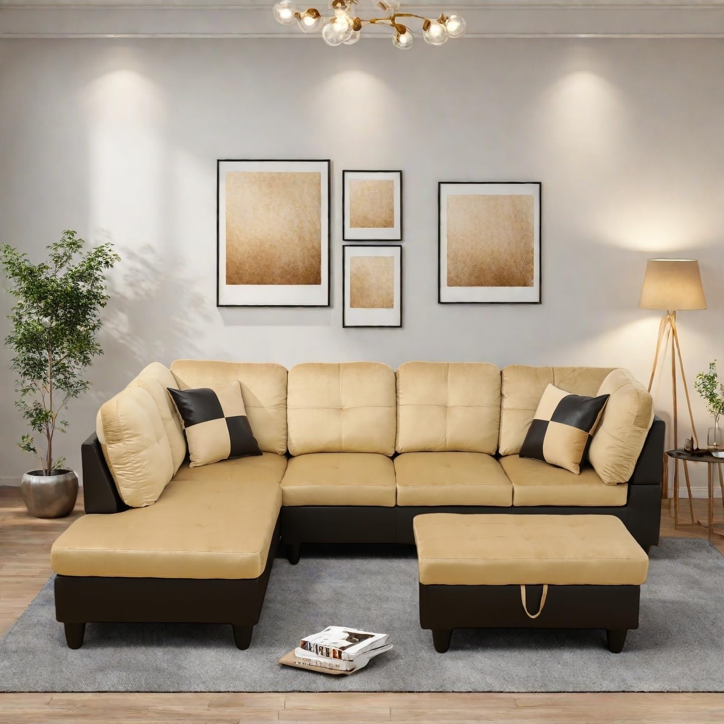 Modern Living Room Furniture Sets with Pillows, Modular Sectional Couches with Chaise Lounge, 4-Seaters L Shape Sofa with Storage Ottoman, for Living Room, Beige and Brown