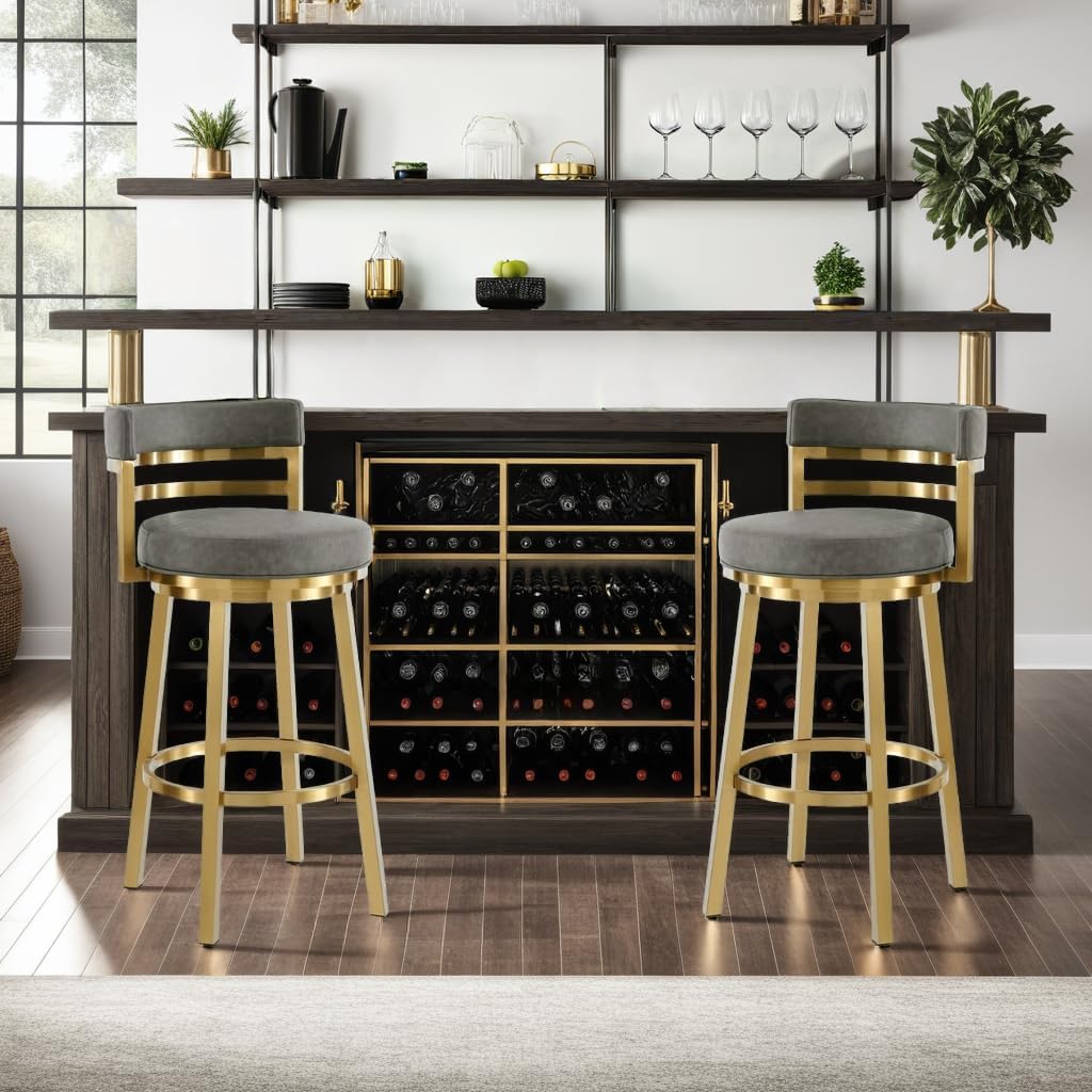 Armen Living Madrid 30" Seat Height Swivel Modern Vintage Gray Faux Leather and Gold Brushed Stainless Steel Bar Stool for Kitchen Island Counter