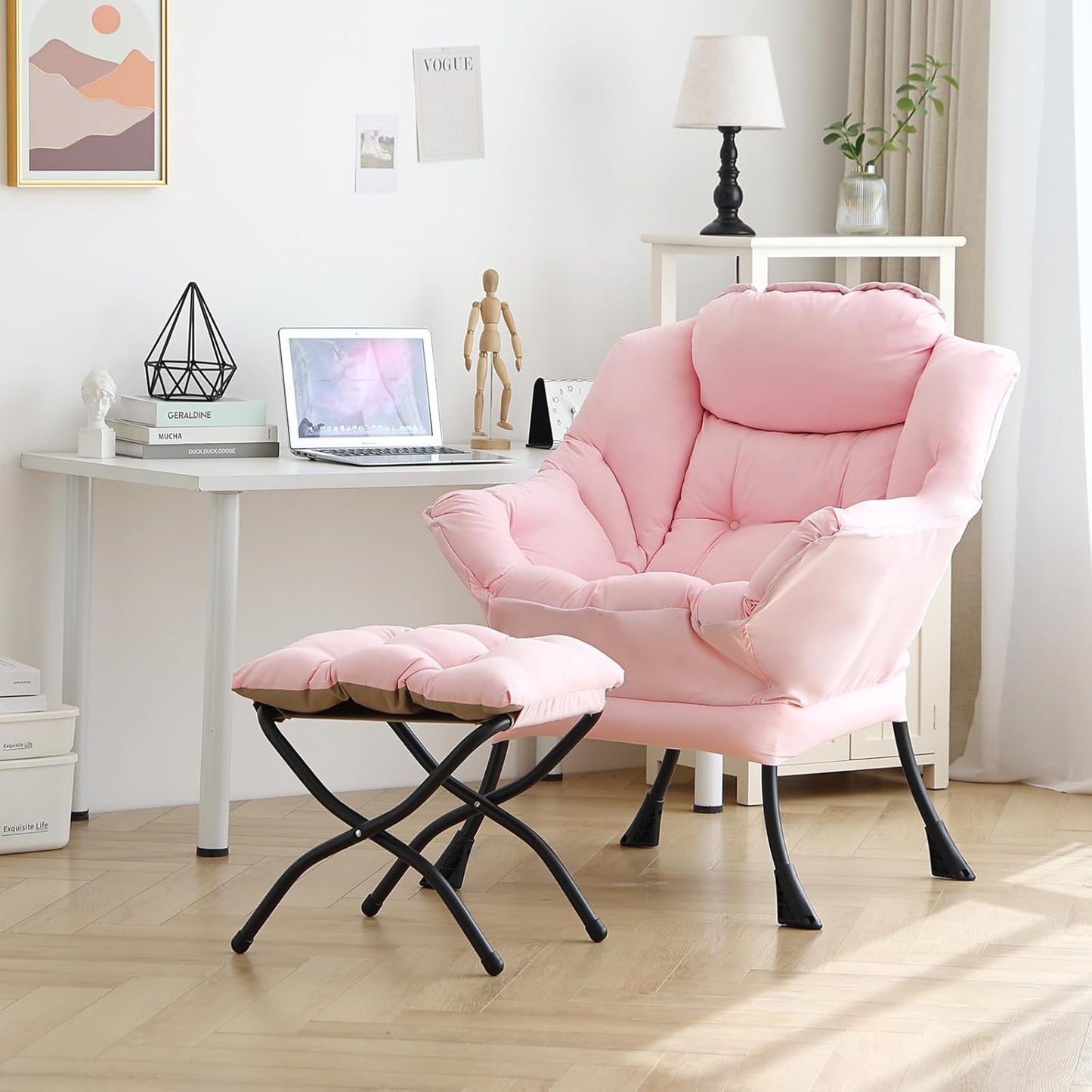 Lazy Chair with Folding Ottoman, Modern Accent Lounge Armchair with Armrests and a Side Pocket & Foldable Footstool, Leisure Reading Chair for Living Room, Bedroom, Dorm & Office, Pink