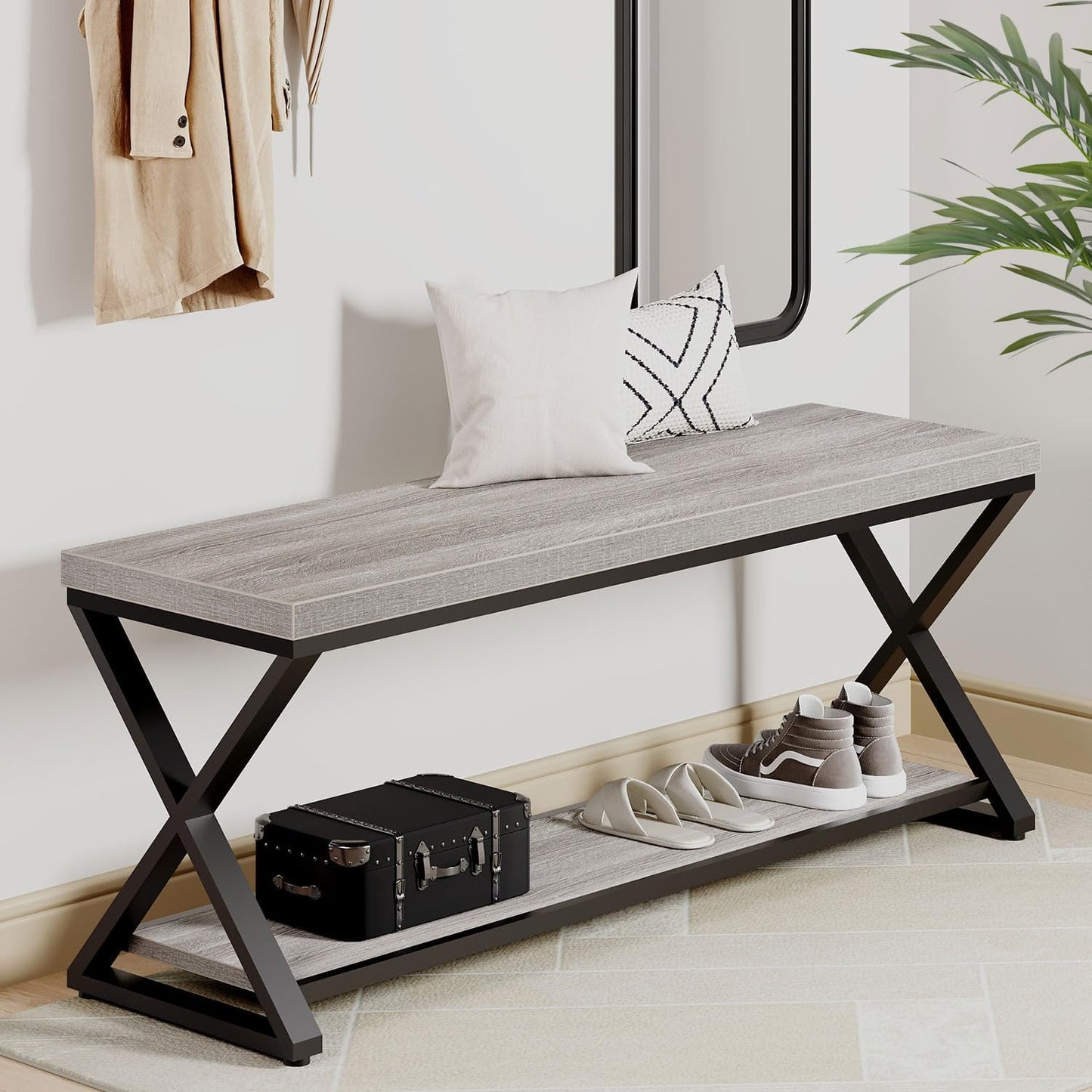 IBF Industrial Wood Entryway Bench, Indoor Farmhouse Hallway Accent Entry Bench for Seating Sitting with Storage, Metal Shoe Rack Grey Bench Organizer in Foyer Bedroom, Light Grey Oak, 47 Inch Long