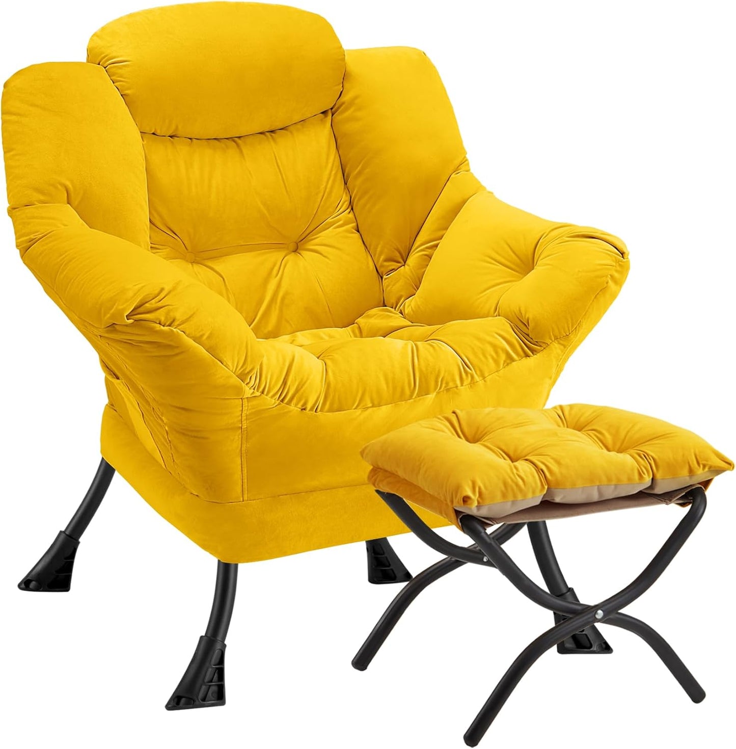 Lazy Chair with Folding Ottoman Modern Large Accent Chair,Contemporary Lounge Leisure Sofa Chair with Armrests Upholstered Sofa Armchair Reading Chair for Bedroom,Dorm & Office (Yellow-f)