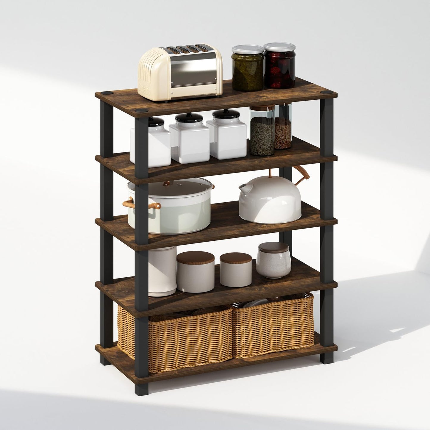 Furinno Turn-S-Tube 3-Tier Multipurpose Stackable Standing Shelves, Amber Pine/Black, Set of 2