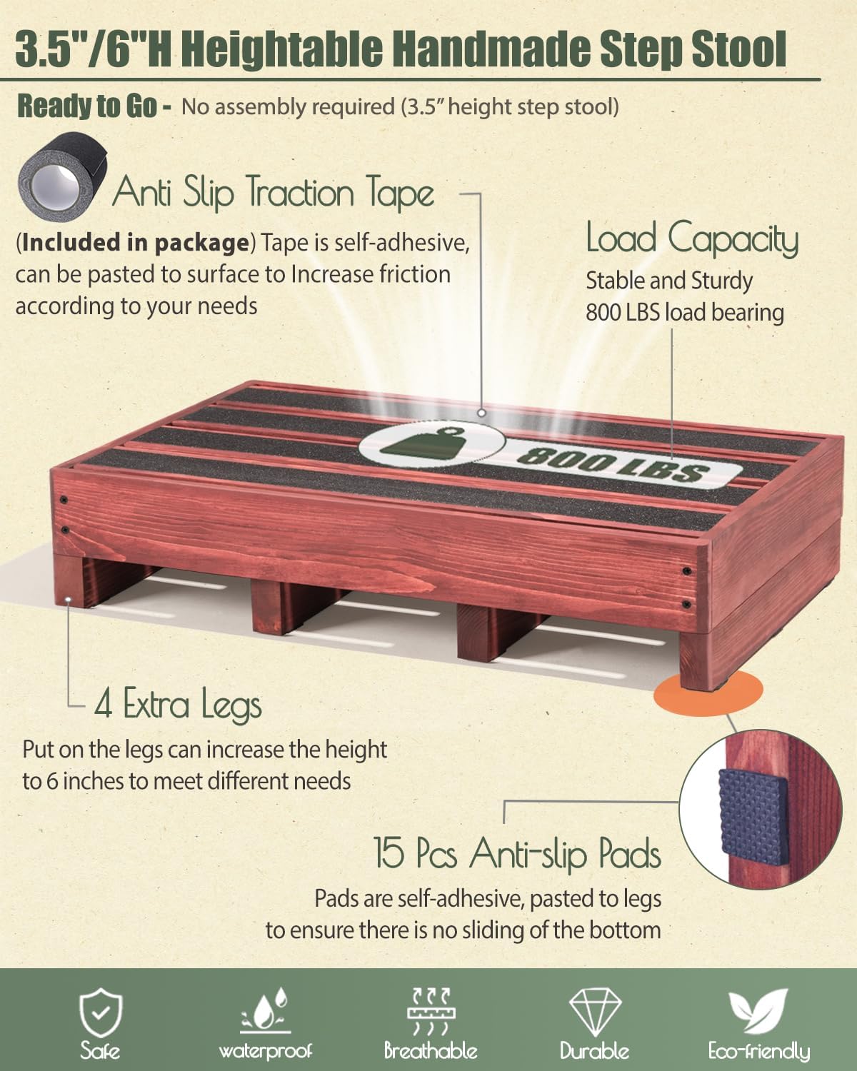 3.5"/6" Heightable Wooden Outdoor Step, 100% Heartwood Step Stools for Adults with 4 Additional Legs & Anti-Slip Traction Tape, One Step Stool for Elderly, Adults, Kids (30" L x 16" W)