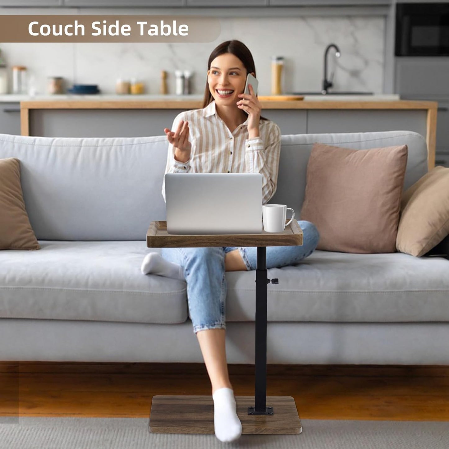 Aoligrace Adjustable Height Side Table with 360° Swivel Top, Wooden C Shaped End Table for Couch Sofa Bed, Small TV Tray for Small Spaces Living Room Bedroom