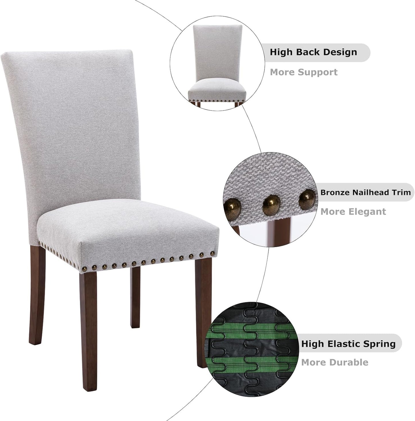 COLAMY Parsons Dining Chairs Set of 6, Upholstered Fabric Dining Room Kitchen Chair with Nailhead Trim and Wood Legs - Light Grey