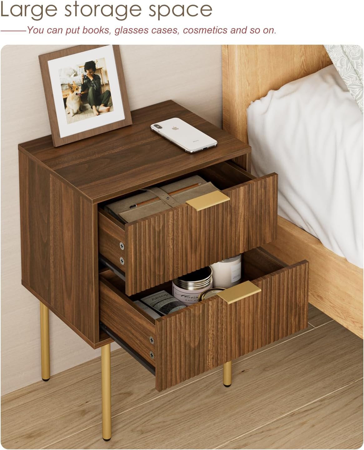 Nightstand,Morden Bedside Table with Gold Frame,Small White Night Stand,End Table,Bedside Furniture,Side Table with Drawer and Shelf for Bedroom,Living Room (2Drawers, Walnut Brown)