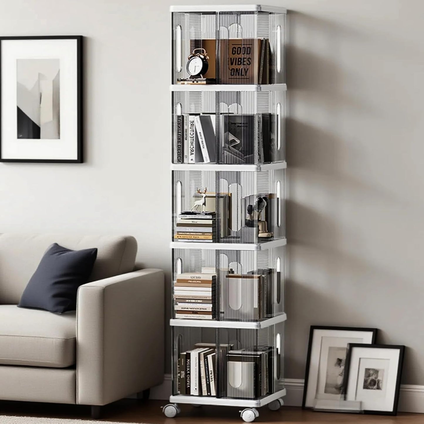 Rotating Bookshelf Tower, 360-Degree rotating bookshelves, Small Space Spinning Bookshelf with Wheels, Revolving Bookcase Suitable for Bedrooms, Living Rooms, Studies and Offices (Grey,5Tier)