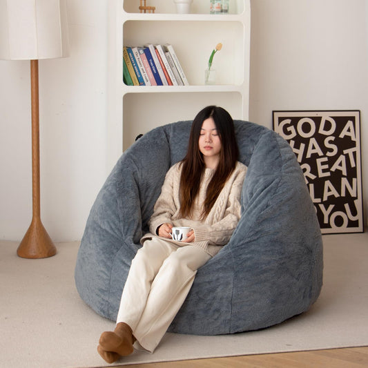N&V Large Shell Bean Bag Chair, Adult Size Bean Bag Sack, Foam Filling, Includes Removable and Machine Washable Cover, 40in, Soft Faux Fur, Blue