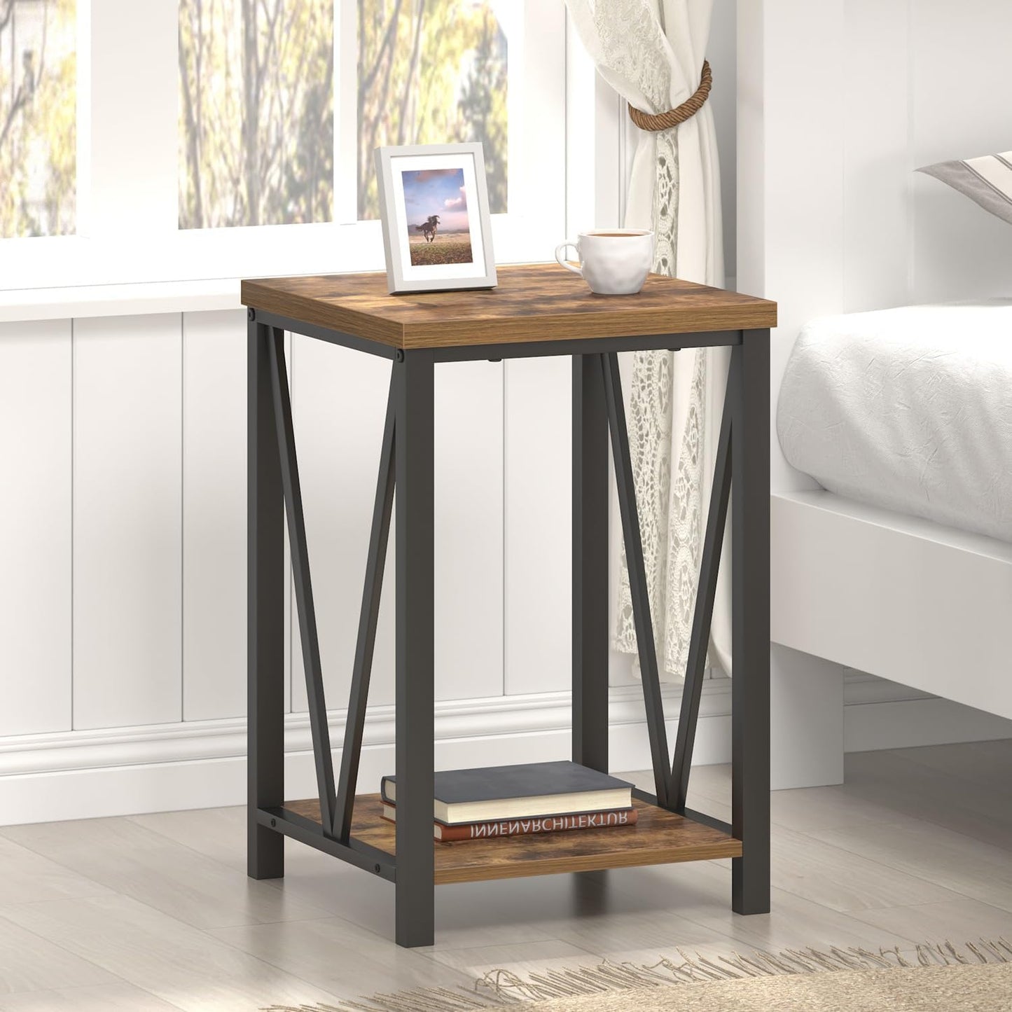 EXCEFUR End Table, Square Side Tables for Living Room, Industrial Metal and Wood Nightstand for Bedroom, Rustic Brown