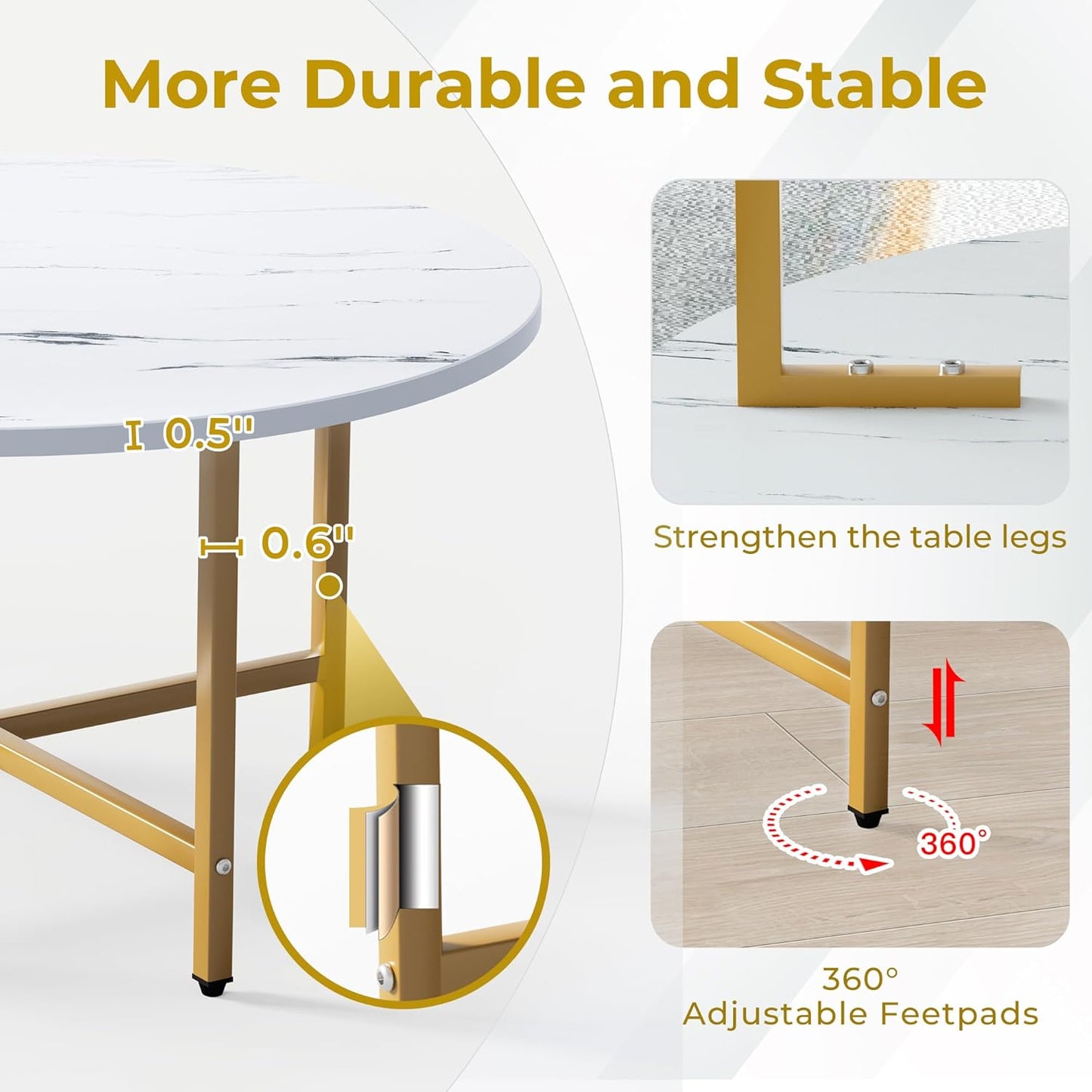 Coffee Table, 23.6" Coffee Tables for Living Room, Round Coffee Table with Metal Frame, Floor Table for Sitting on The Floor, Home, Office, White & Gold Legs