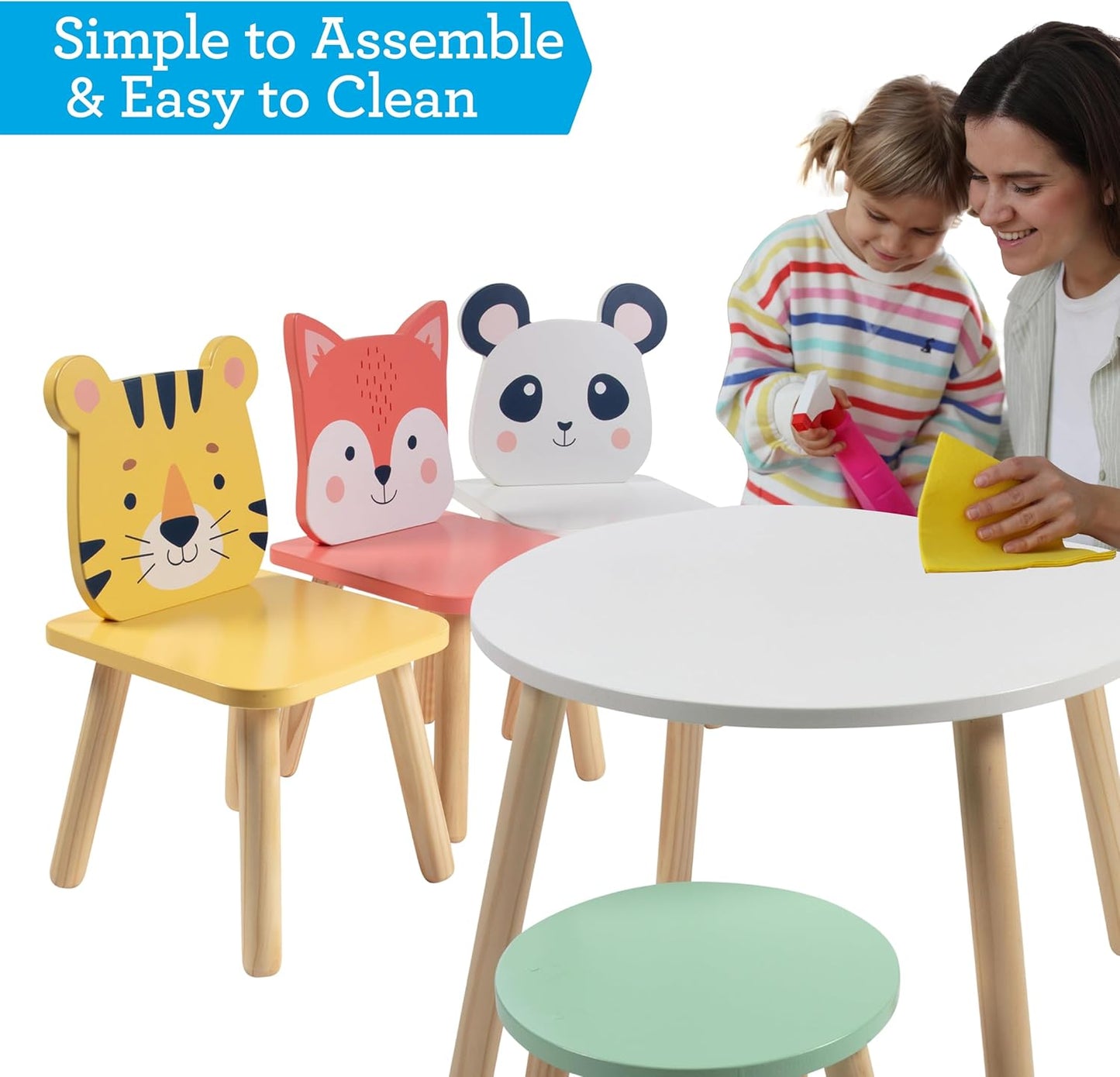 Kids Wooden Animal Table & Chair Set w 4 Seats- Tiger Panda & Fox Plus Adult Stool for Arts Crafts, Dining, Pretend Play- Durable Playroom Furniture for Home Daycare Classroom- Toddler Activity Center