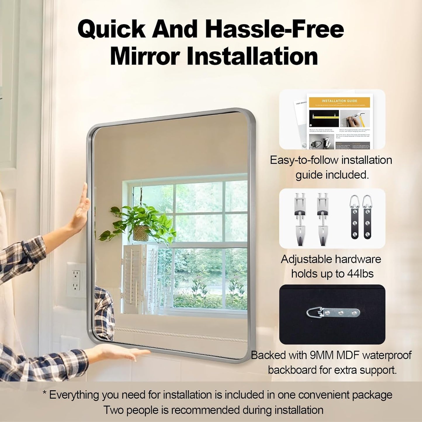 ANDY STAR Brushed Nickel Bathroom Mirror, 30x36’’ Rounded Corner Rectangle Nickel Mirror Bathroom Vanity Mirror Tube Metal Framed, SUS304-Anti-Rust Wall-Mounted Horizontal/Vertical 1’’ Deep