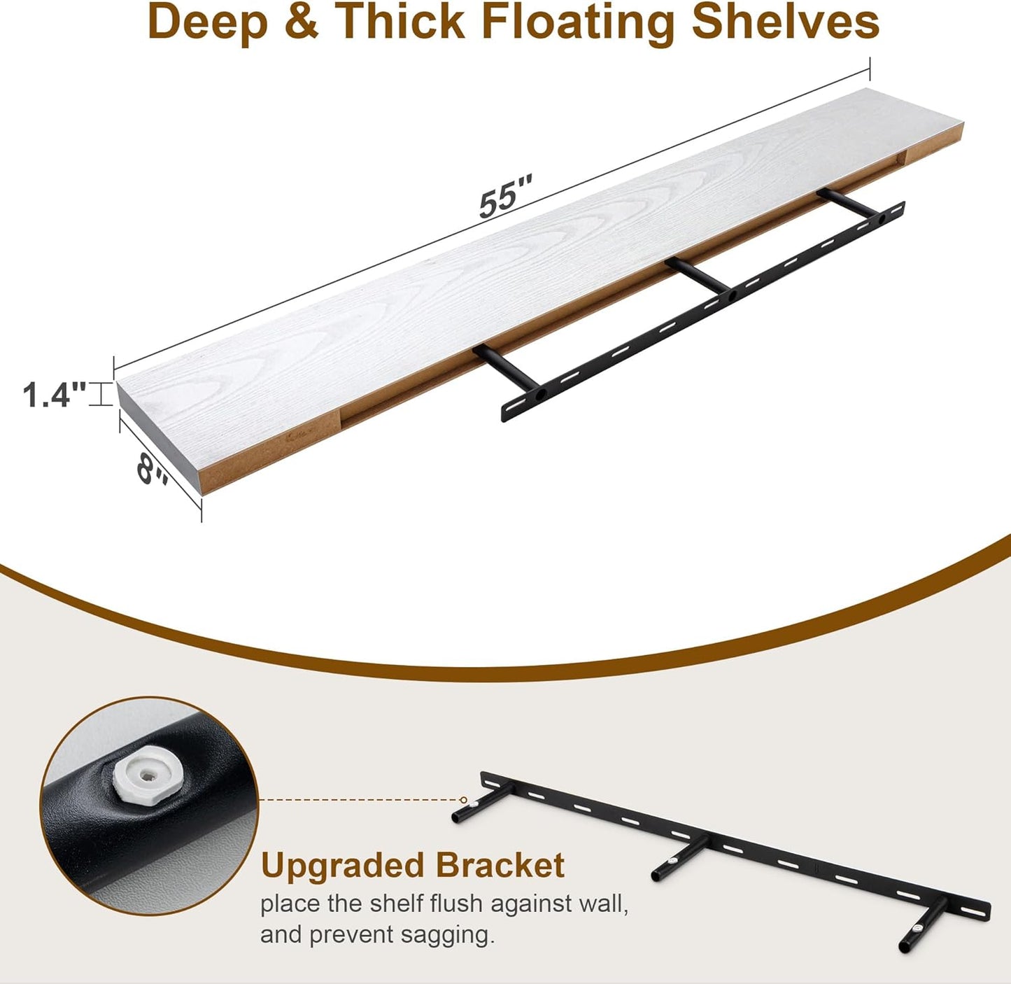 Fun Memories Deep White Floating Shelves, 8 Inch Deep Floating Shelf for Wall, Rustic White Wall Shelves 55 Inch Long, Large 55 x 8 Storage Shelves for Living Room, Bedroom, Kitchen