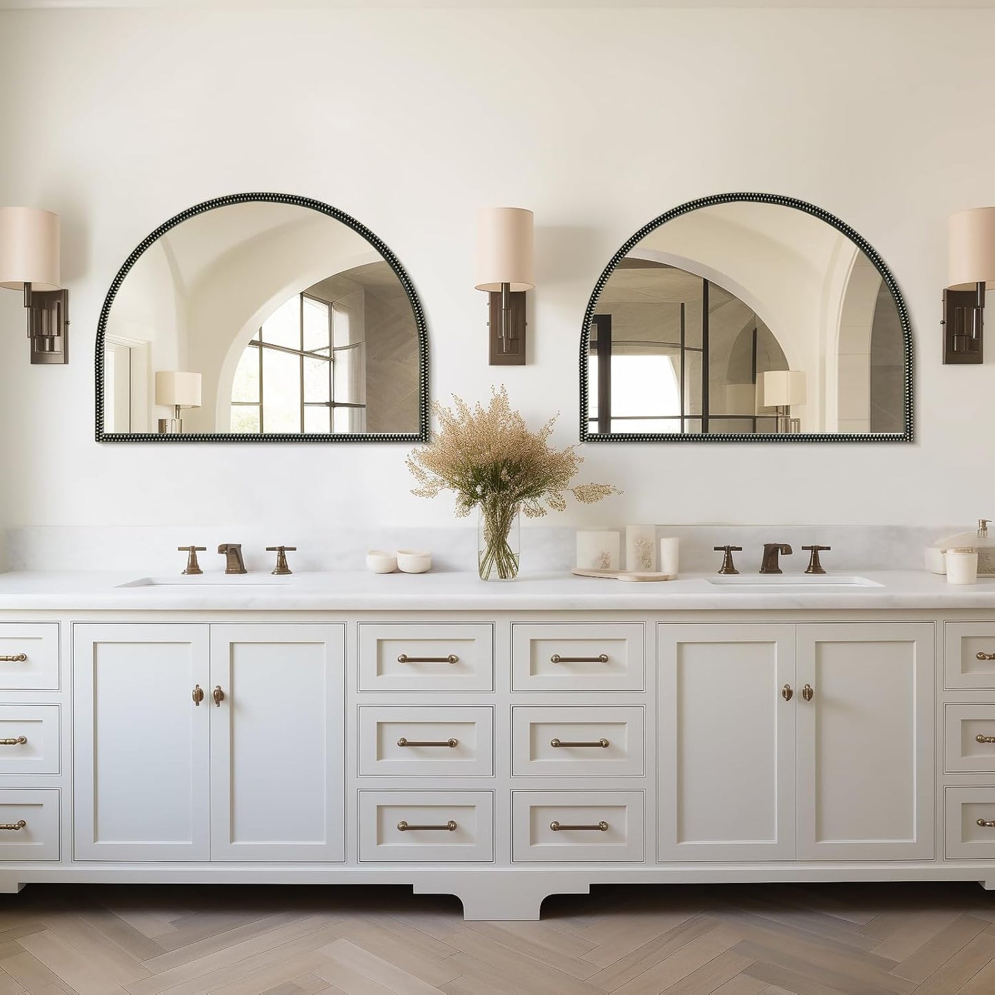 WallBeyond Black Vintage Mirror for Vanity 32x24 Inch, Gold Antique Mirror with Ornate Beaded Frame for Bathroom, Living Room, Fireplace, Entryway