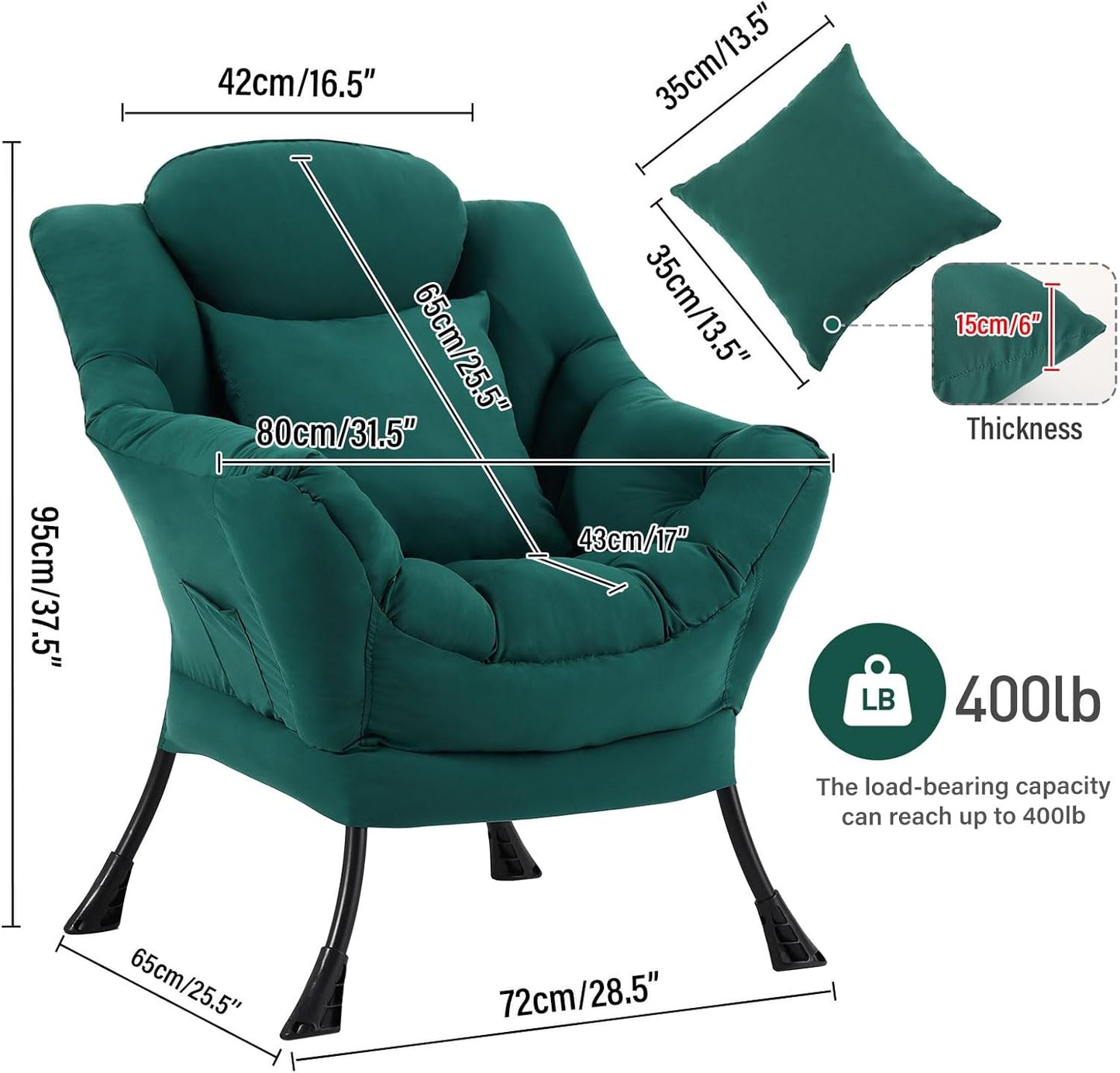 Lazy Chair with Pillow for Living Room, Modern Lounge Accent Chair with Armrests and a Throw Pillow, Leisure Sofa Chair Set, Reading Chair for Bedroom, Dorm Room, Office, Dark Green