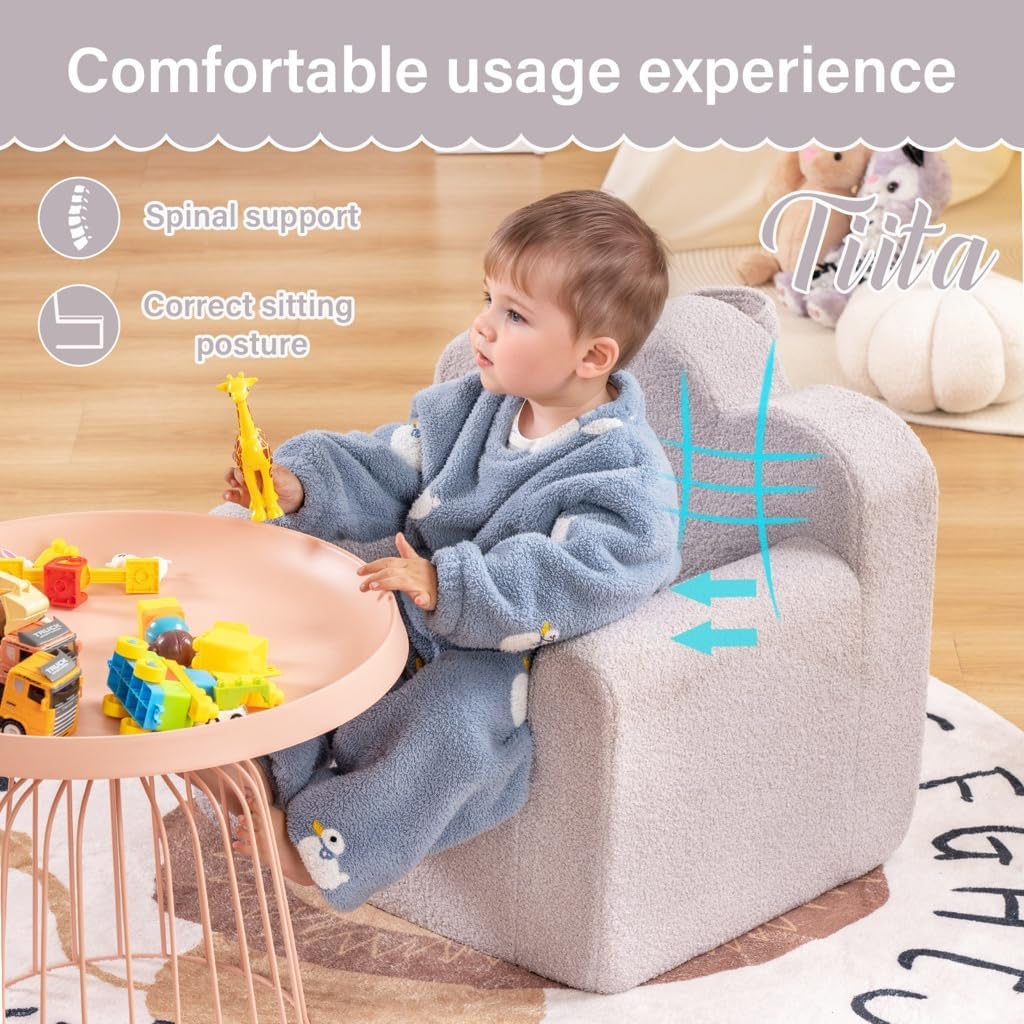 Tiita Kids Couch Sherpa Toddler Chair, Cloud-Like Comfy Kids Sofa Toddler Reading Chair with Washable Cover Carrying Handle, Convertible Children Sofa Chair for Girls and Boys