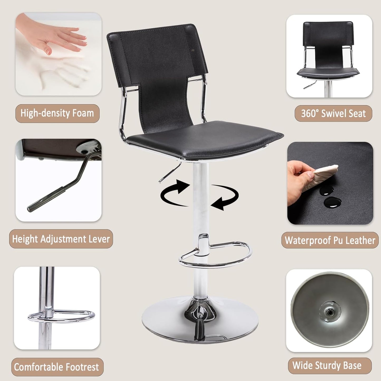 Sidanli Swivel Barstools Set of 2, Adjustable Barstools Set of 2，Faux Leather Bar Chairs for Kitchen Island, Hydraulic Counter Height Bar Stools with Backrest, Black