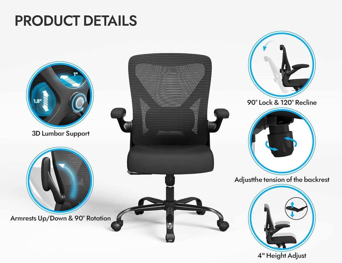 Ergonomic Office Chair with Lumbar Support - Adjustable Computer Desk Chairs for Home Office, Gaming, and Work - Comfortable and Supportive Desk Chairs for Adults (Black)