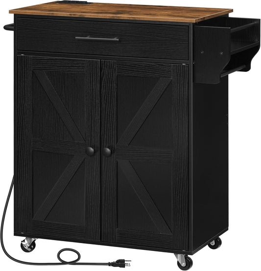 HOOBRO Kitchen Island with Power Outlet, Kitchen Island Storage Island with Large Worktop, Spice Rack and Drawer, Rolling Kitchen Cart on Wheels, for Kitchen and Dining Room, Rustic Brown and Black