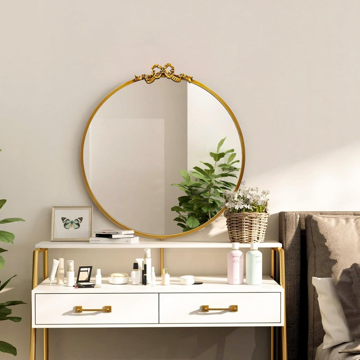 Vintage Gold Round Mirror 23.6inch Decorative Bow Mirrors for Wall Antique Bathroom Vanity Ornate Wall Mirror, Metal Baroque Bow Decor for Living Room, Entryway, Bedroom, Hallway