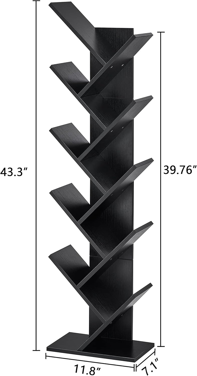 Hoctieon 10 Tier Tree Bookshelf, 10 Shelf Bookcase, Free Standing Tree Bookcase, Display Floor Standing Shelf for Books, Book Organizer Shelves for Home Office, Living Room, Bedroom, Black