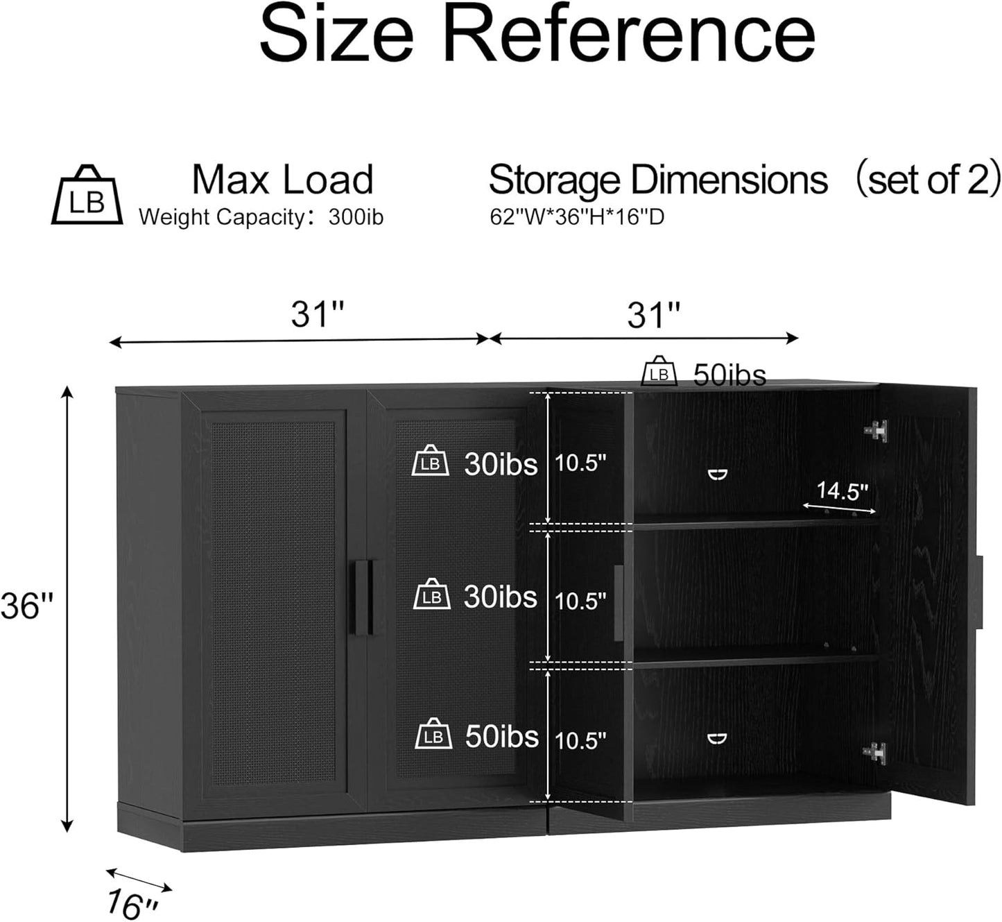 Buffet Cabinet, 4-Doors Sideboard Cabinet with Rattan Panels, Buffet Console Accent Table for Hallway Entryway Dining Room, 72", Black