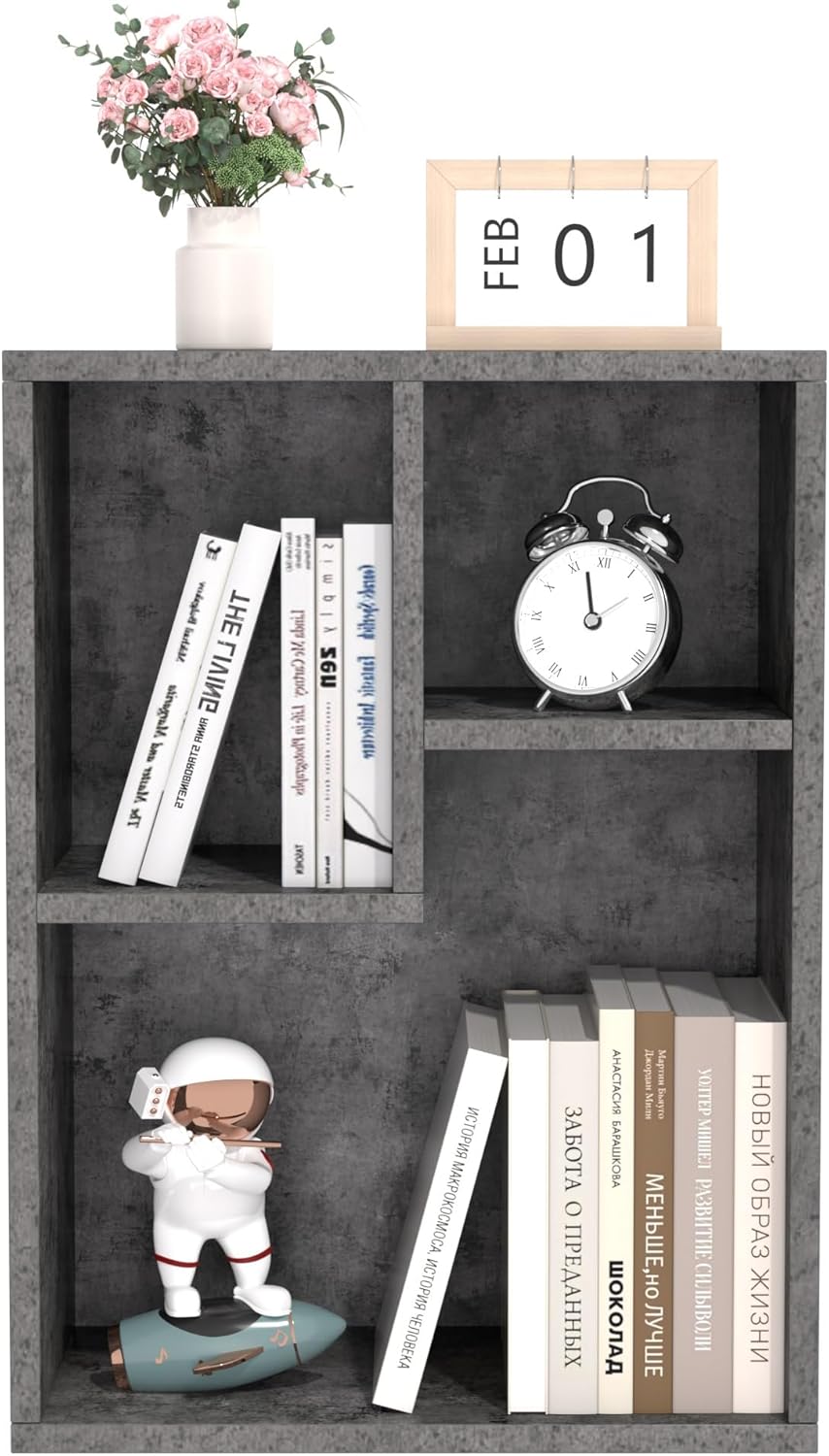 VECELO Small Bookshelf, 3 Cube Shelf, Fits Tallest Hardcovers, Horizontal Available, Short Bookcase for Small Spaces,Modern Gray