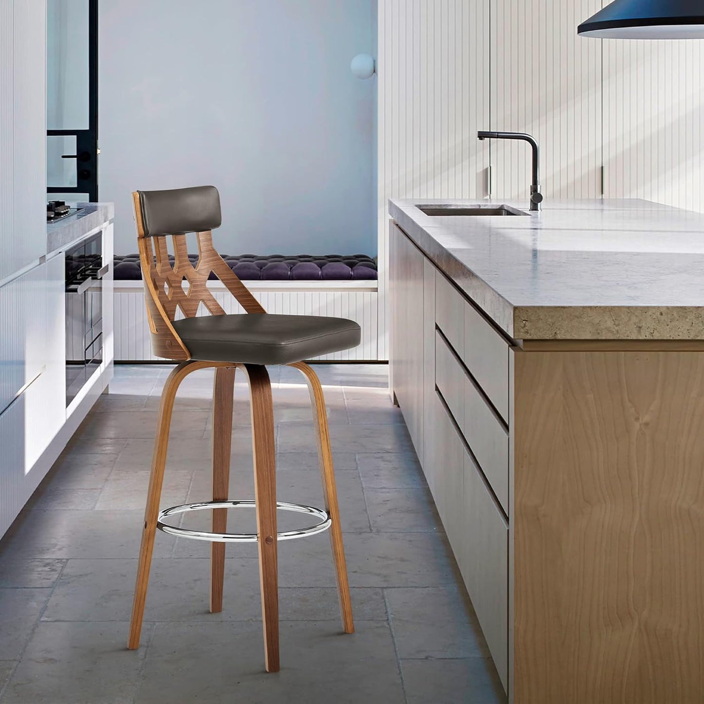 Armen Living Crux Mid Century Modern Swivel Bar Stool for Kitchen Island Counter in Brown Faux Leather and Walnut Wood, 26" Seat Height