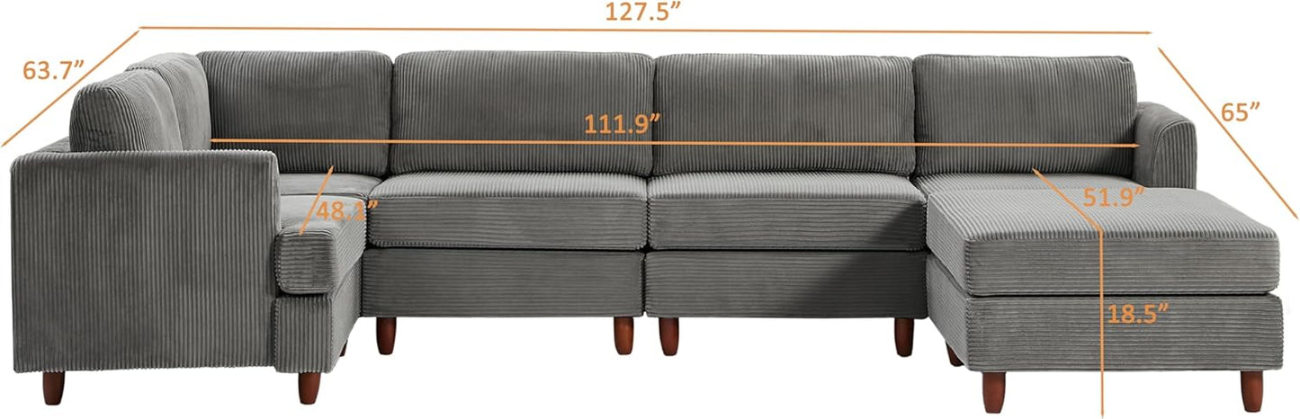 127.5" L/U-Shaped Sectional Couch with Movable Ottoman & 6 Removable Back Cushion, Corduroy Fabric Upholstered 6 Seat Modular Sleeper Sofa,DIY Free Combination Couches for Living Room,Grey
