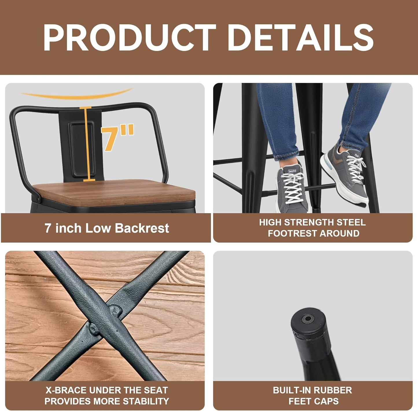 Yongchuang 30 inch Bar Stools Set of 2 Bar Height Metal Barstools with Wood Seat Low Back Kitchen Bar Chairs Matte Black