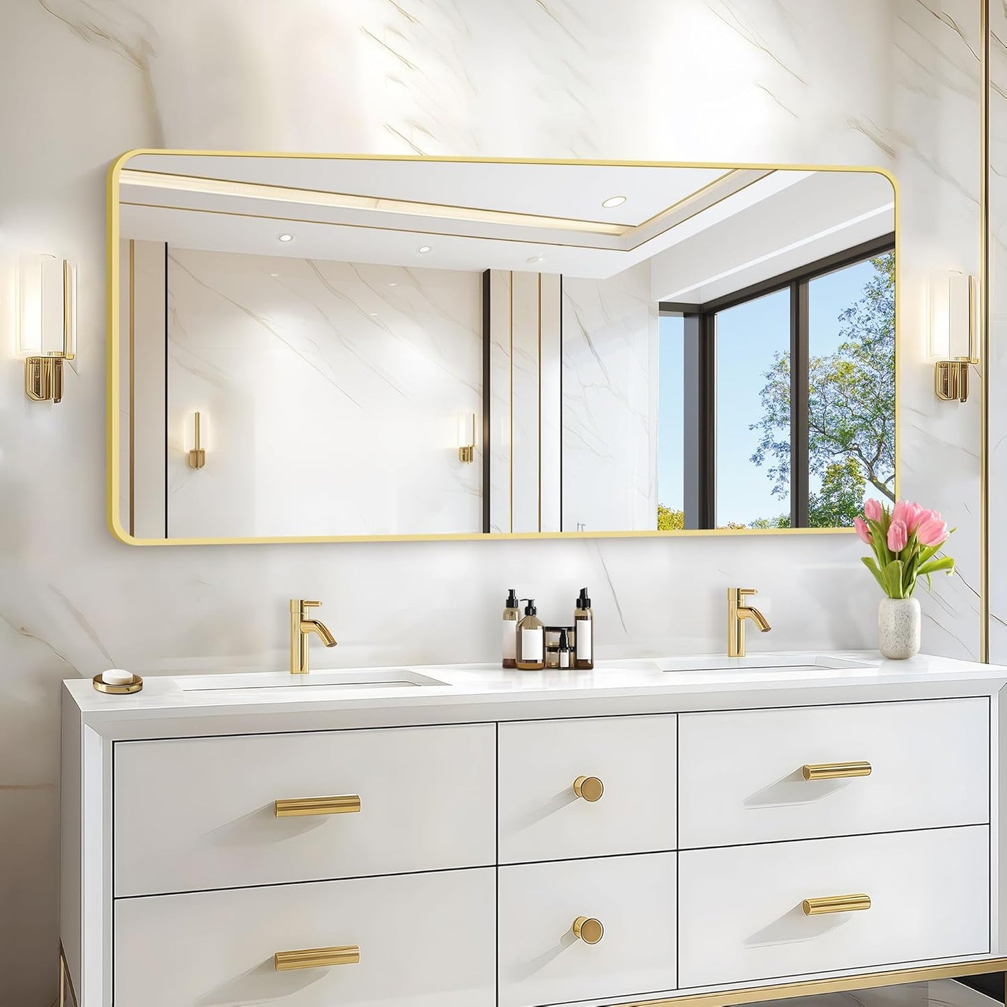 30"x60" Gold Bathroom Mirror, Large Rectangle Mirror, Rectangular Wall Mirror, Rounded Corner Vanity Mirror with Aluminum Metal Frame for Bathroom Bedroom Living Room