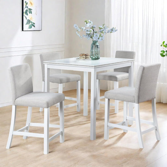 Dining Table Set for 4, 5-Piece Dining Room Table Set with Square Crystal Decoration Table & 4 Upholstered Backrest Chairs, Counter Height Kitchen Sets with Wood Grain & Footrest, White