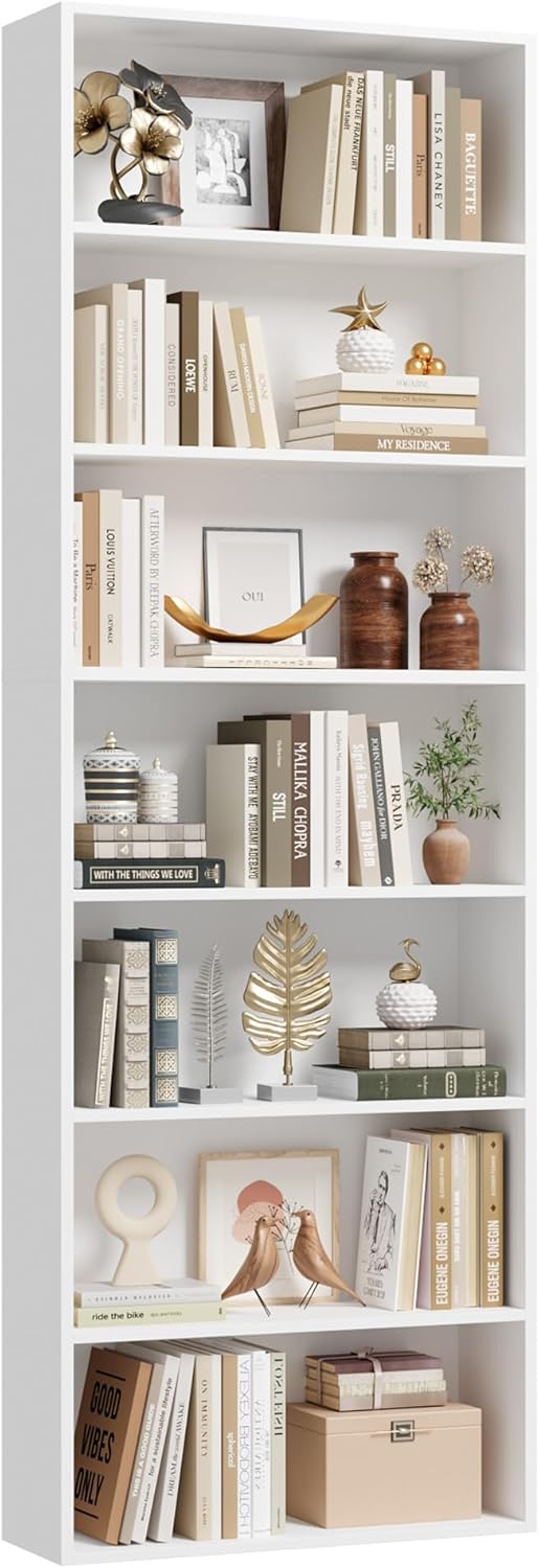 82" Tall Bookshelf, 7-Tier Open Shelves Bookcase, Freestanding Display Storage Shelves, Tall Bookcase Home Decor Furniture for Home Office, Living Room, Bedroom, White