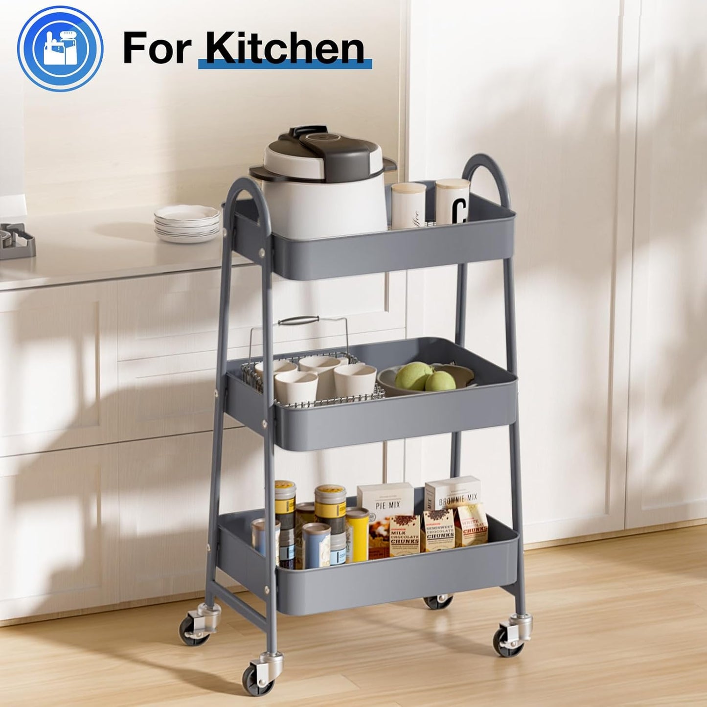 OLIXIS 3 Tier Utility Rolling Cart, Metal Mobile Storage Shelf with Lockable Caster Wheels, Organization for Livingroom, Bathroom, Kitchen, & Narrow Places, Gray