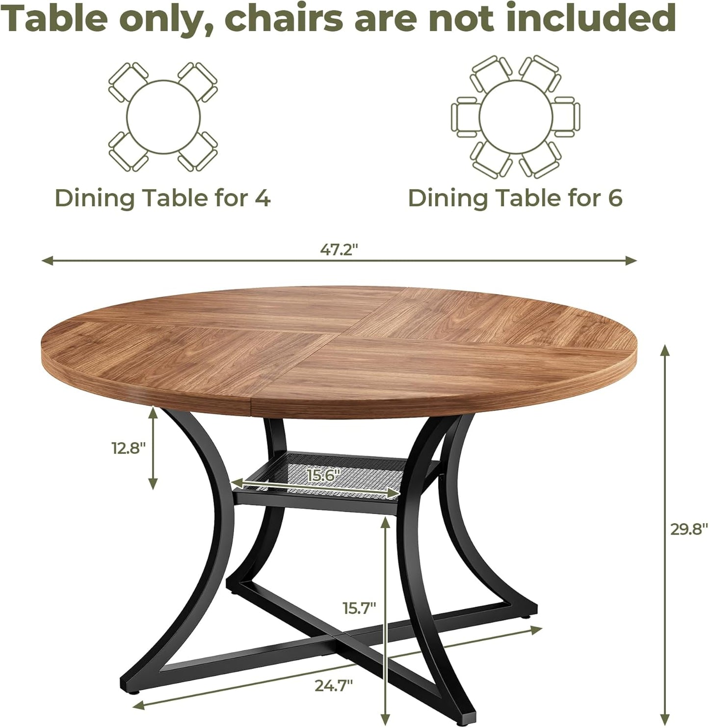 IRONCK 47.2" Round Dining Table for 4, Wood Kitchen Table with Storage Shelf for Dining Room, Dinner Table with Wooden Tabletop and Metal Base, Cherry
