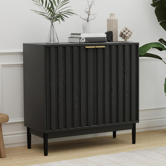 Fluted Cabinet with Storage, Buffet Cabinet Sideborad with Door, Kitchen Buffet Storage Accent Cabinets with Adjustable Shelves for Living Room, Entry, Hallway, Black