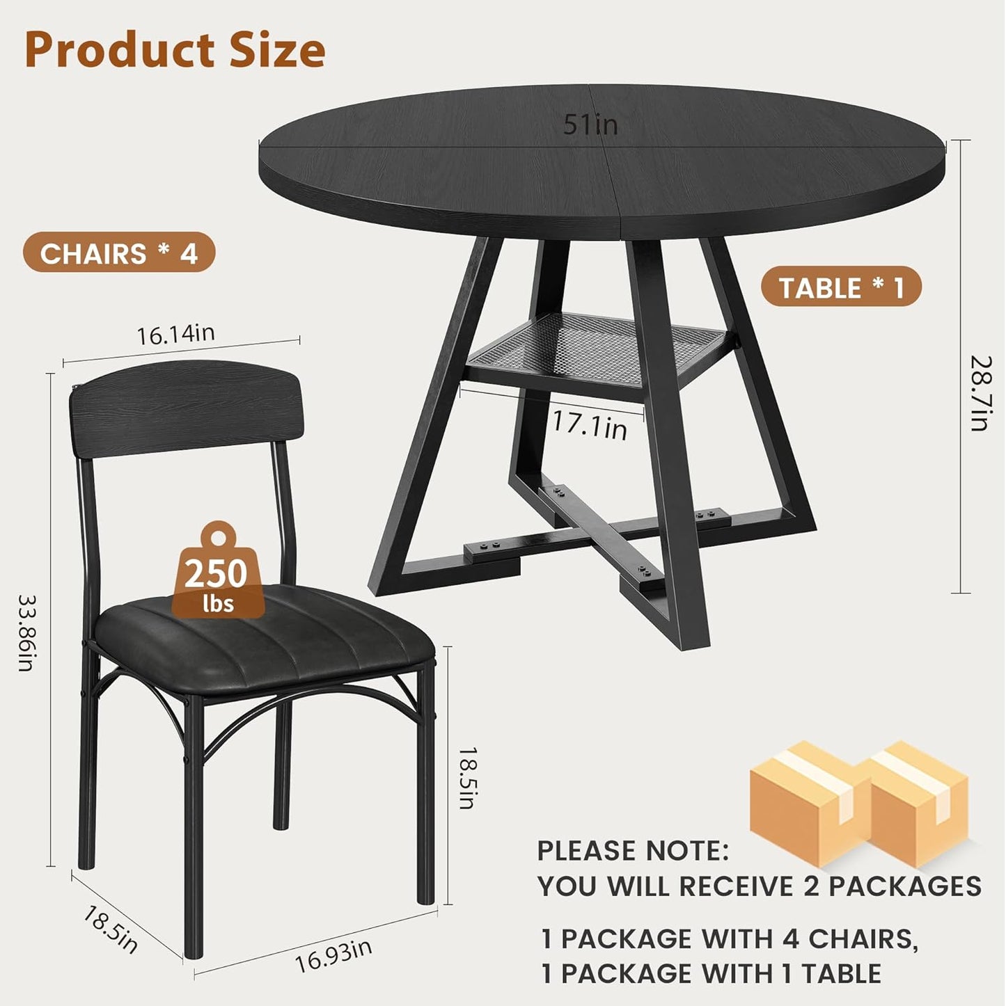 51‘’ Round Dining Table Set for 4, Kitchen Table and Chairs for 4, Circle Table Round Pedestal Dining Room Dinner Dinette Table Set,5 Piece Space Saving Wood Kitchen & Dining Room Tables (Black, 51In)