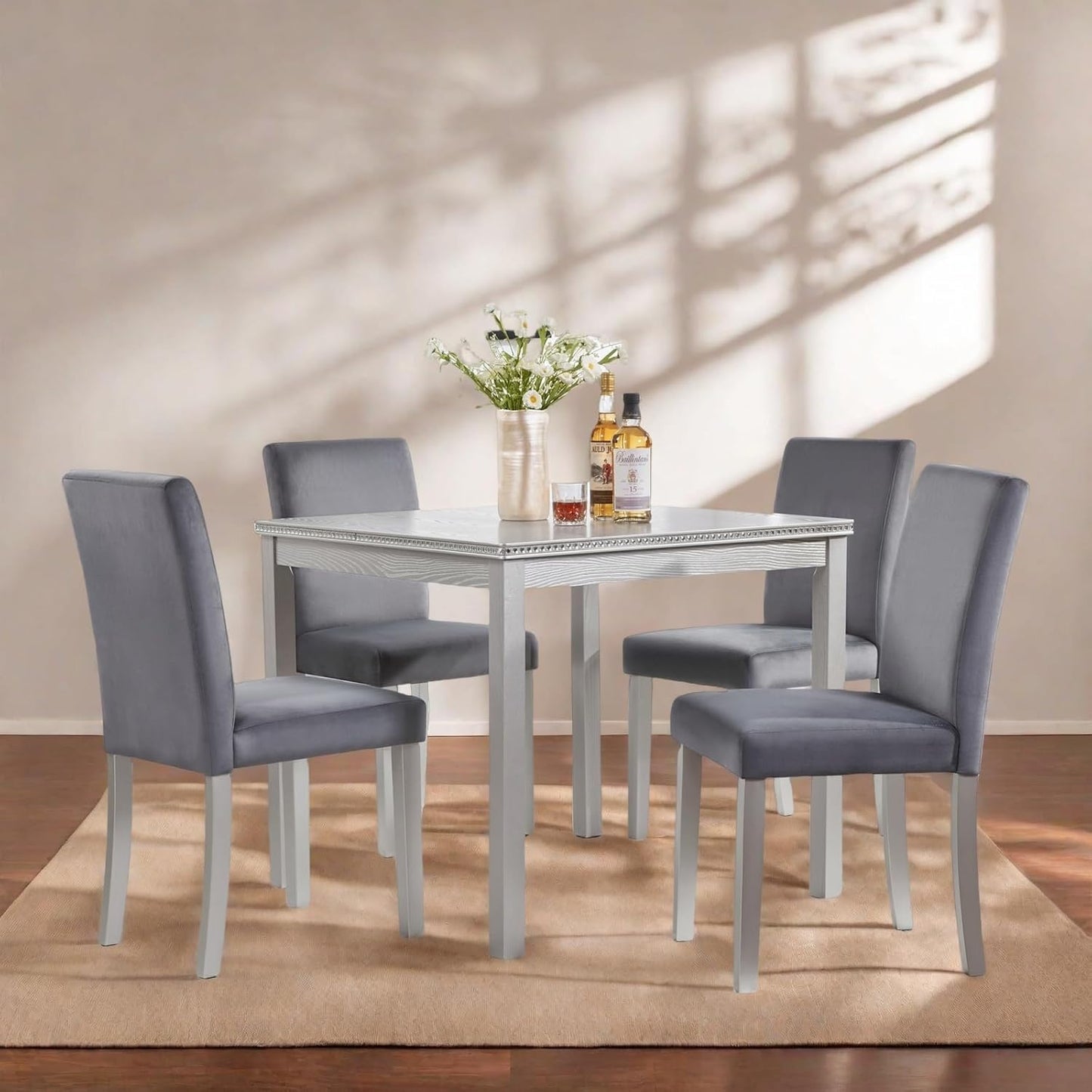 Dining Table Set for 4, 5-Piece Dining Room Table Set with Square Crystal Decoration Table & 4 Upholstered Backrest Chairs, Counter Height Kitchen Sets with Faux Wood Grain Design, Grey
