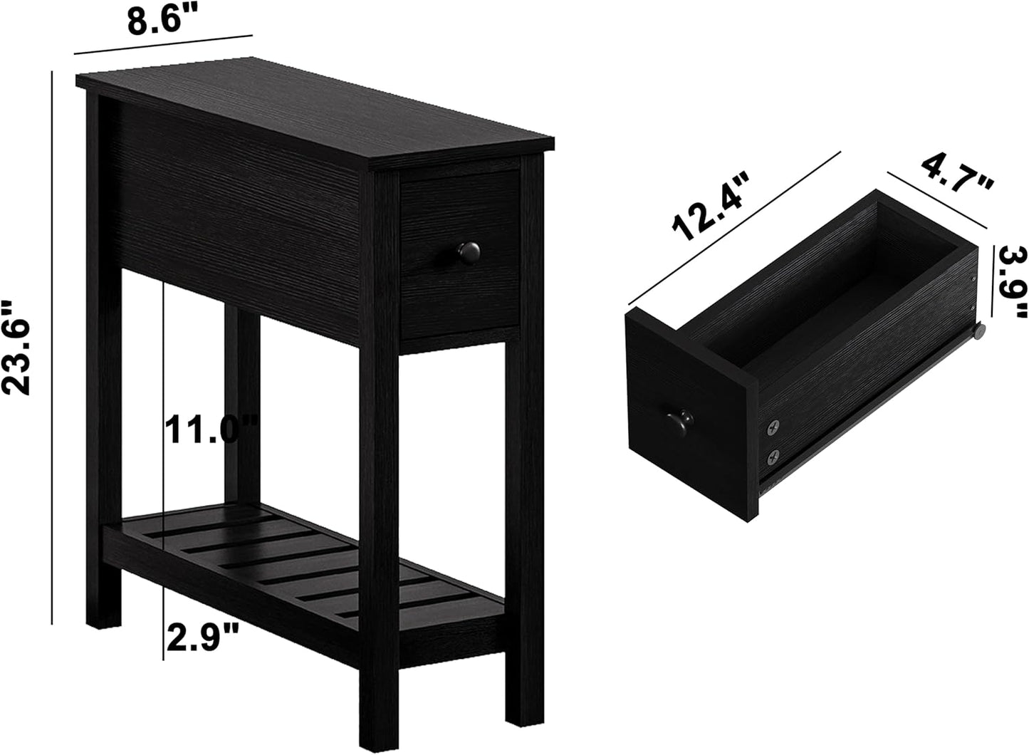 ChooChoo Narrow End Table, Small Side Table for Small Spaces, Slim End Table with Drawer, Narrow Nightstand Bedside Table for Living Room Bedroom, Black, 2 Pack